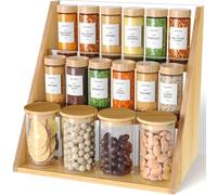 NiHome Scaffale portaspezie a 3 ripiani, in bambù e acrilico, per grandi barattoli di spezie e cosmetici, per bagno, portaspezie, organizer per cucine e bagni