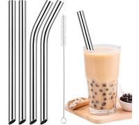 NiHome Set di 4 cannucce in acciaio inox riutilizzabili per frullati e frappè, 1,3 cm, extra lunghe, dritte e curve, per boba, bevande spesse, bevande fredde, 1 spazzola (argento)