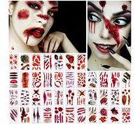 NiHome Set di 40 fogli per Halloween Horror Removable Realistic Fake Temporary Tattoo Set Zombie Costume Cosplay Blood Wound Bleeding Scar Variety Party Makeup Face Decals Prank Supplies