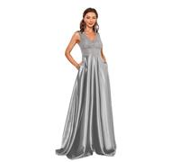 Niiyyjj Abito da sera con paillettes per donne, scollo a V profondo, in raso, abito da ballo, abito da sera lungo fino al pavimento, abiti formali, Argento, L