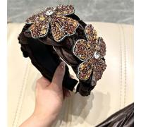Niiyyjj Cerchietto per capelli da donna con fiori e strass, in velluto, ampio, stile boho, intrecciato, color caffè