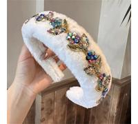 Niiyyjj Cerchietto per capelli da donna in finta pelliccia, con applicazioni con strass, morbido, spesso, imbottito, soffice cerchietto bianco