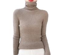 Niiyyjj Maglione da donna 100% lana merino a collo alto a maniche lunghe, camicia basica con fondo tinta unita, maglione slim, Lighttan, L