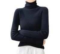 Niiyyjj Maglione da donna 100% lana merino a collo alto a maniche lunghe, camicia basica con fondo tinta unita, maglione slim, Nero , M