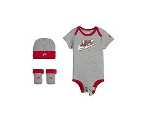 Nike Infant Babys 3-Piece Bodysuit, Hat & Booties Set (0-6 Months, Grey Heather (IBSPN1673-042) / White/Red)