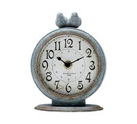 NIKKY HOME Orologio da tavolo vintage, shabby chic, rotondo, in peltro, al quarzo, con 2 uccellini, 12,1 x 6,3 x 15,5 cm, grigio ardesia