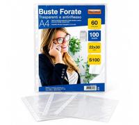 NIKOFFICE Buste Forate A4 Antiriflesso - 100 Pezzi - 22x30 cm - 60 Micron - Trasparenti - Porta Documenti Foratura Universale per Ufficio Scuola Casa