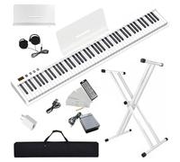 NikoMaku SWAN-S - Tastiera per pianoforte digitale a 88 tasti, semi ponderata, compatta, portatile, con supporto, cuffie, pedale di sostegno, custodia per il trasporto, colore: bianco
