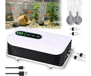 Nikou Pompa ad aria per acquario, pompa ad aria a doppia uscita per acquario con 2 tubi e controllo in pietra d'aria, pompe d'aria da 3 W con batteria da 2600 mAh, pompa silenziosa per serbatoi di