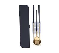 Nikou Set di 3 utensili da viaggio portatili, cucchiaio, forchetta e bacchette, in acciaio inox, per scuola, colore nero e oro, include scatola portaoggetti nera, posate da cucina