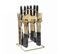 Nikou Set di posate da cucina in acciaio inox, con forchetta e cucchiaio e forchetta lucidata a specchio, per riunioni di casa e ristorante, oro e nero, set di posate da cucina