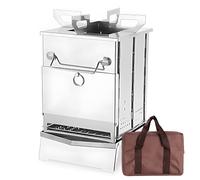 Nikou Stufa a legna da campeggio portatile, pieghevole, piccola stufa in acciaio inox con supporto, piastra in frassino, base rimovibile, include borsa portaoggetti, ideale per zaino in spalla