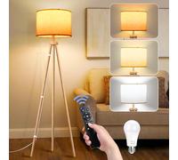 NIKYJM Lampada da Terra Treppiede in Legno Lampade da Terra Dimmerabile con E27 12W Lampadina 3 Colori Dimmerabili 3000K-6000K Piantana da Salotto con Telecomando per Soggiorno Camera Ufficio