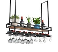 NileMAll - Portabottiglie da vino industriale da appendere con luci, portabottiglie da soffitto con supporto per bicchieri e mensola, in metallo nero, per bar, caffetteria, cucina