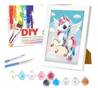 Nilnewuh Pittura a forma di unicorno con numeri con cornice in legno per bambini a partire dai 6 anni, ragazzi e adulti, principianti, 18 x 24 cm, piccolo set di pittura a olio fai da te con cornice,