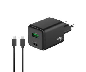 Nilox, Caricatore Universale con 1 porta di tipo C e 1 di tipo A da 45W, Con Cavo di 2m USB-C, Protezione da Cortocircuiti, Sovrattensioni e Sovraccarichi, Nero