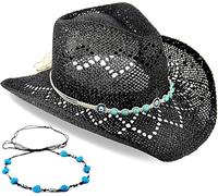 Niltracy Cappello da cowgirl occidentale da donna Cappello da cowboy da uomo Cappello da cowboy in paglia Cappello da sole Cappello da sole Cappello Western Unique Due fasce decorative, Pietra oculare