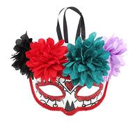 Niltracy Maschera fantasma, fiore - ornata e piatta - top con quattro fiori rossi, ideale per il giorno dei morti, feste in costume, Halloween, cosplay e carnevale, maschera fantasma, pezzo unico