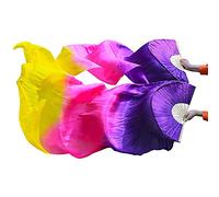 Nimiman Ventagli da donna (sinistra + destra) in seta per danza del ventre, velo per danza del ventre, lunghi ventagli pieghevoli, lunghezza 180 cm, larghezza 90 cm (viola rosa giallo)
