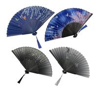 Nimisyra 4 Pezzi Ventagli Pieghevoli per Donna, Stile con Nappe Ventilatore a Mano, Pieghevole Fan di Mano Danza Fan Puntelli per Decorazione Parete Matrimonio e Regali(Nero+Blu)