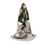 NImongt Tazze da tè con rose, romantica, stampa shabby chic, mantello con cappuccio, unisex, costume cosplay per festival, celebrazioni, capispalla