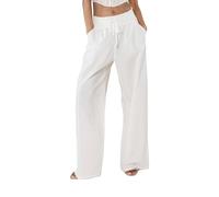 Nina Carter A001 - Pantaloni estivi da donna, leggeri e larghi, in misto cotone, elasticizzati, traspiranti e traspiranti, vestibilità larga, effetto lino, Bianco (A001-1), L