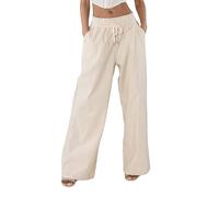Nina Carter A001 - Pantaloni estivi da donna, leggeri e larghi, in misto cotone, elasticizzati, traspiranti e traspiranti, vestibilità larga, effetto lino, Beige (A001-74), XL