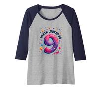 Nine Never Looked So Fine - Regalo di Compleanno per 9 Anni Maglia con Maniche Raglan, Donna, Navy/Grigio (Athletic Heather), XXL