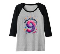 Nine Never Looked So Fine - Regalo di Compleanno per 9 Anni Maglia con Maniche Raglan, Donna, Nero/Grigio (Athletic Heather), M
