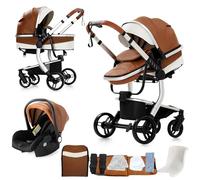 Nine point nine Pelle PU Trio Passeggino Neonati, Passeggino 3 in 1 con Doppia Modalità Spinta Reversibile, Carrozzina per Neonati con Grande Nacelle, Passeggini Trio Telaio in Alluminio (B518 Khaki)