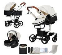 Nine point nine Pelle PU Trio Passeggino Neonati, Passeggino 3 in 1 con Doppia Modalità Spinta Reversibile, Carrozzina per Neonati con Grande Nacelle, Passeggini Trio Telaio in Alluminio (B518 White)