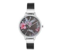 Nine West - Orologio da polso da donna, con quadrante con motivo floreale, Argento Nero