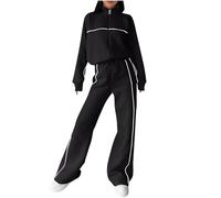 Ninedayx Tuta da donna Set completo estivo elegante a maniche lunghe pantaloni Co Ord Set da donna comoda fessura tuta a righe elegante con lacci elastici in vita set chic allentato cerniera colletto