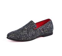 Ninepointninetynine Mocassini da uomo a punta in pelle PU lucida scarpe da fumo, comode, leggere, antiscivolo, per passeggiate e balli studenteschi, Nero e oro., 42 2/3 EU