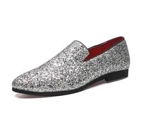 Ninepointninetynine Mocassini da uomo a punta in pelle PU lucida scarpe da fumo, comode, leggere, antiscivolo, per passeggiate e balli studenteschi, Argento, 41 1/3 EU