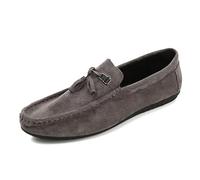 Ninepointninetynine Mocassini da uomo con punta arrotondata, tomaia in pelle scamosciata con nappa, tacco piatto, antiscivolo, flessibile, classico, senza lacci, Grigio, 42 1/3 EU