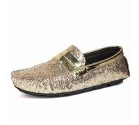 Ninepointninetynine Mocassini da uomo in pelle vegana lucida Penny Driving mocassini antiscivolo tacco piatto comodi feste matrimoni slip on, dorato, 39 2/3 EU