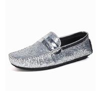 Ninepointninetynine Mocassini da uomo in pelle vegana lucida Penny Driving mocassini antiscivolo tacco piatto comodi feste matrimoni slip on, Argento, 39 2/3 EU