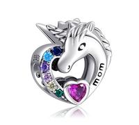 NINGAN 925 Sterling Silver Cuore Unicorno Mamma Charms Perline Ciondolo Zircone Colorato Adatto per Donne Bracciale Collana, Festa della Mamma Regalo