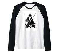 Ninja Cat Samurai giapponese Sumi-e pittura a inchiostro vintage Maglia con Maniche Raglan