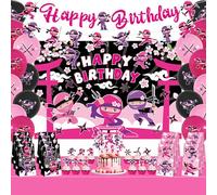 Ninja Girl Decorazioni per feste di compleanno rosa Happy Birthday Banner Sfondo 18 palloncini, 12 topper per cupcake, 12 sacchetti Goodie Tovaglia Ninja per Ninja Master Girls Princess 1st Baby