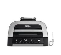 Ninja Griglia e Friggitrice ad Aria MAX 6 in 1, 6 Funzioni di Cottura, Prepara fino a 6 Hamburger, capacità 3,8 L, Poco Fumo, Include Termometro Digitale per Carne, Grigio/Argento, DG551EU