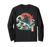 Ninja On Shark Wave Divertente Giapponese Ukiyo-e Art Ragazzi Bambini Uomini Maglia a Manica