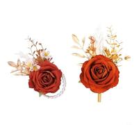 NINMORTH Elegante bouquet da polso con rose artificiali e fiore all'occhiello, braccialetto regolabile con perle e spilla per ballo di fine anno e festa di nozze (arancione)