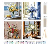 Ninonly 4Pcs Dipingere con i Numeri Adulti Quadri da Dipingere Numerati con Cornice con Vernici e Pennelli Paint by Numbers per Principianti e Adulti Per Decorazione Della Casa 20X20cm Fiorei