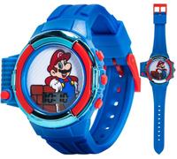Nintendo Super Mario Kids - Orologio LCD con torcia e luci lampeggianti | Cinturino in plastica modellata blu, design resistente all'acqua e vestibilità regolabile per polsi da 14 a 21,6 cm