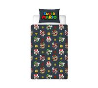 Nintendo Super Mario - Set copripiumino singolo ufficiale Mario, Luigi e Bowser, double-face, colore nero, prodotto ufficiale, con federa coordinata