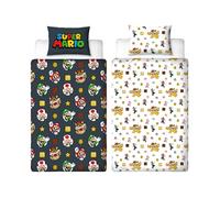 Nintendo Super Mario - Set copripiumino singolo ufficiale Mario, Luigi e Bowser, double-face, colore nero, prodotto ufficiale, con federa coordinata