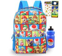Nintendo Zaino Mario per ragazzi - Bundle con zaino da scuola videogioco da 40,6 cm più bottiglia d'acqua, adesivi, altro | Super Mario Bros zaino per bambini e ragazzi