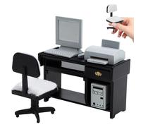 NIOMICO Scrivania in Miniatura 1/12 Bambole in Legno mobili Simulazione Sedia da Tavolo da Ufficio Bambola con Computer Miniatura e Stampante per Accessori per Case Bambole scrivania